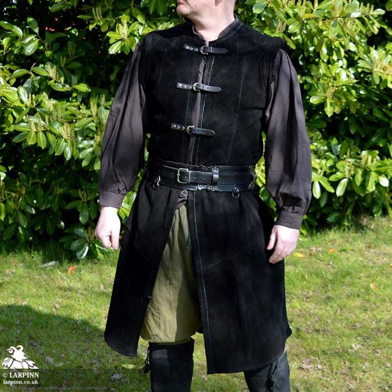 Garen Leather Vest - Long - Black - LARP Suede Jerkin - Costume