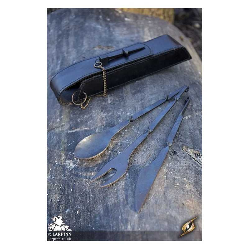 Cutlery with Leather Hanger Black Knife, Fork & Spoon LARP Props